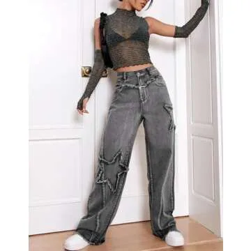 Kedera Women's Wide Leg Denim Pants Teen Star Raw Edge Baggy Trousers High Waisted Boyfriend Y2K Jeans Girls Fashion Grey