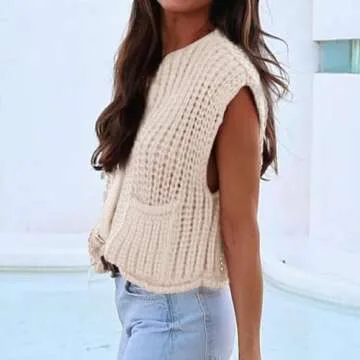 Women Y2K Chunky Knit Vest Solid Color Sleeveless Button Up V Neck Cropped Knit Sweater Vest Cardigan Streetwear with Pockets