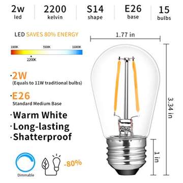 ECOVANIA Waterproof Outdoor String Light Bulbs - 15 Pack