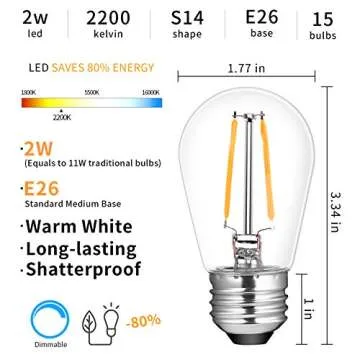 ECOVANIA Waterproof Outdoor String Light Bulbs - 15 Pack