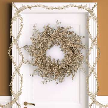 24 Inch Christmas Wreath Front Door Artificial Champagne Gold Wreath Elegant Blend of Golden Holly Berries, Hawthorn Fruits, and Luxurious Gold Accents for Indoor Outdoor Christmas Decoration
