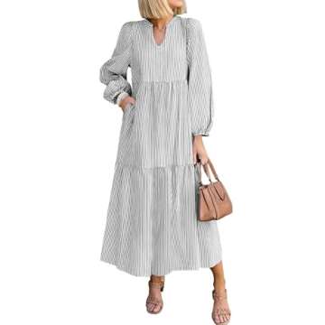 NENONA Women's Striped Long Sleeve Dress - Casual Flowy Maxi with Pockets