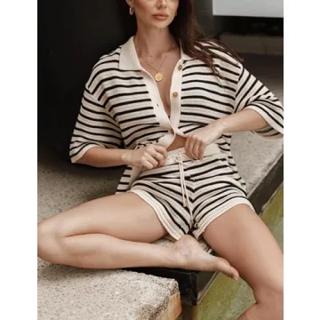 Watashi Women's Summer Knit Striped Polo Neck Two Piece Set