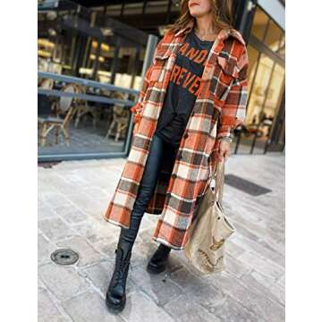 UANEO Plaid Coat Women Button Down Long Plaid Jacket Fall Flannel Trench Coat (Red-M)