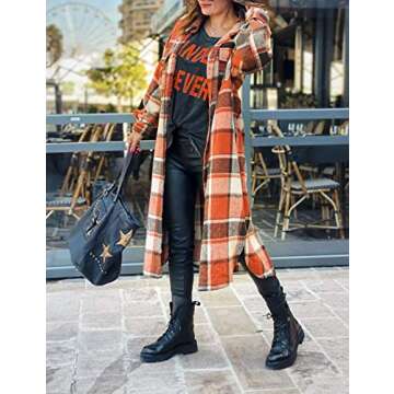 UANEO Plaid Coat Women Button Down Long Plaid Jacket Fall Flannel Trench Coat (Red-M)