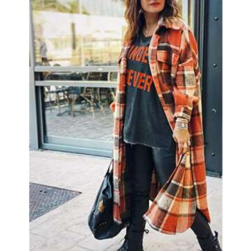 UANEO Plaid Coat Women Button Down Long Plaid Jacket Fall Flannel Trench Coat (Red-M)