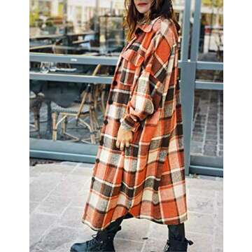UANEO Plaid Coat Women Button Down Long Plaid Jacket Fall Flannel Trench Coat (Red-M)