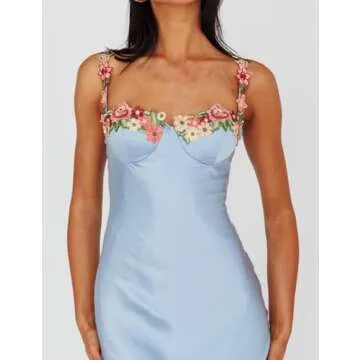 Sexy Satin Spaghetti Strap Floral Embroidered Maxi Dress for Women Sweetheart Neckline Backless Sleeveless Slit Midi Dress Blue