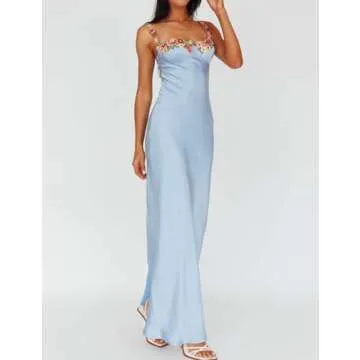 Sexy Satin Spaghetti Strap Floral Embroidered Maxi Dress for Women Sweetheart Neckline Backless Sleeveless Slit Midi Dress Blue