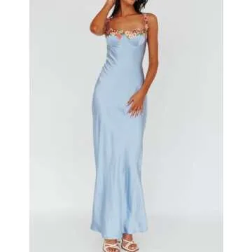Sexy Satin Spaghetti Strap Floral Embroidered Maxi Dress for Women Sweetheart Neckline Backless Sleeveless Slit Midi Dress Blue