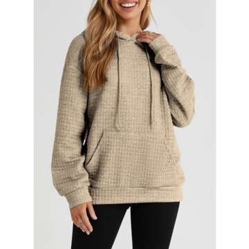 SELINK Hoodies For Women Casual Pullover Waffle Long Sleeve Drawstring Hooded Sweatshirt with Pocket Khaki-M