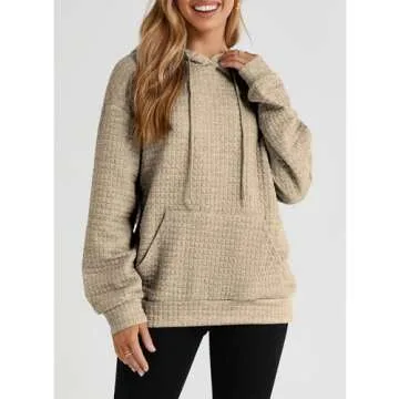 SELINK Hoodies For Women Casual Pullover Waffle Long Sleeve Drawstring Hooded Sweatshirt with Pocket Khaki-M