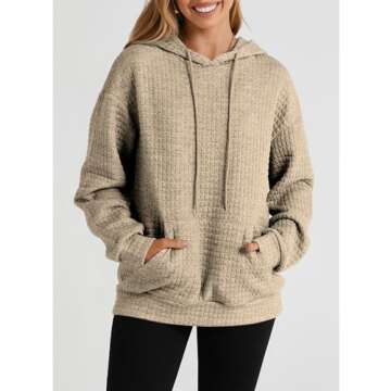 SELINK Hoodies For Women Casual Pullover Waffle Long Sleeve Drawstring Hooded Sweatshirt with Pocket Khaki-M