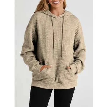 SELINK Hoodies For Women Casual Pullover Waffle Long Sleeve Drawstring Hooded Sweatshirt with Pocket Khaki-M
