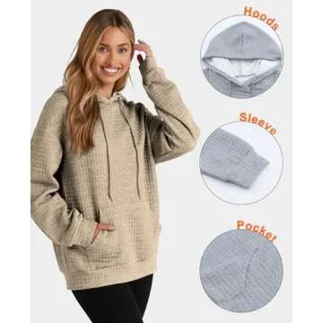 SELINK Hoodies For Women Casual Pullover Waffle Long Sleeve Drawstring Hooded Sweatshirt with Pocket Khaki-M