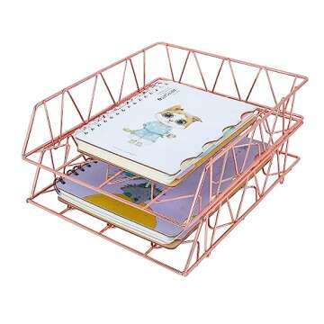 PAG Set of 2 Office Supplies Metal Stackable File Document Letter Tray Organizer for Desk, Rose Gold