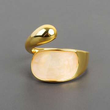 ZZ ZINFANDEL 18K Gold Plated Women`s Gold Signet Pearl Ring,Signet Ring Mother of Pearl Statement Rings,Chunky Thumb Round Midi Shell Rings Jewelry Accessories (Gold)