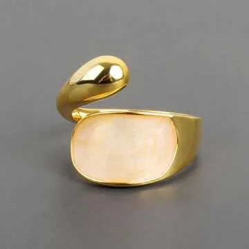 ZZ ZINFANDEL 18K Gold Plated Women`s Gold Signet Pearl Ring,Signet Ring Mother of Pearl Statement Rings,Chunky Thumb Round Midi Shell Rings Jewelry Accessories (Gold)