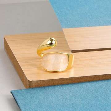 ZZ ZINFANDEL 18K Gold Plated Women`s Gold Signet Pearl Ring,Signet Ring Mother of Pearl Statement Rings,Chunky Thumb Round Midi Shell Rings Jewelry Accessories (Gold)