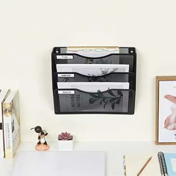 EasyPAG 3 Pocket Wall File Holder Mesh Office Letter-Sized Hanging File Folder Organizer Magazine Paper Rack with Nametag for Office Classroom, Black