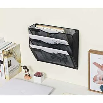 EasyPAG 3 Pocket Wall File Holder Mesh Office Letter-Sized Hanging File Folder Organizer Magazine Paper Rack with Nametag for Office Classroom, Black