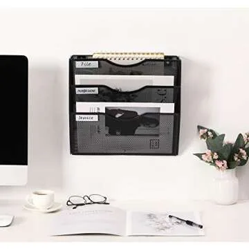 EasyPAG 3 Pocket Wall File Holder Mesh Office Letter-Sized Hanging File Folder Organizer Magazine Paper Rack with Nametag for Office Classroom, Black