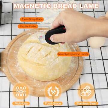 Volnamal Magnetic Bread Lame Dough Scoring Tool - Push-pull Handle for Perfect Bread Scoring Tool for Sourdough Baking & Bread Making Tools, Sourdough Starter Kit 1 Pack w/5 Razor Blades,Black