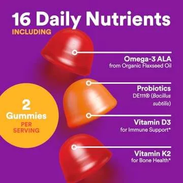 SmartyPants Organic Toddler Multivitamin Gummies: Probiotics, Omega 3 (ALA), Vitamin D3, C, Vitamin B12, B6, A, K & Zinc, Beta Carotene, Gluten Free, Three Fruit Flavors, 60 Count (30 Day Supply)