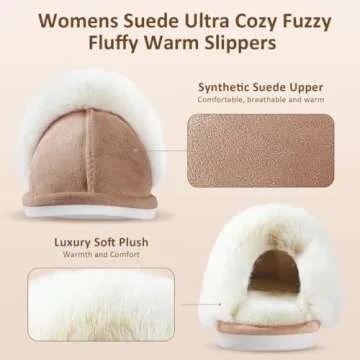 ZriEy Womens Suede Comfy Slippers Fluffy Warm Non-Slip Comfortable Slip-on House Shoes Khaki Size 7-8