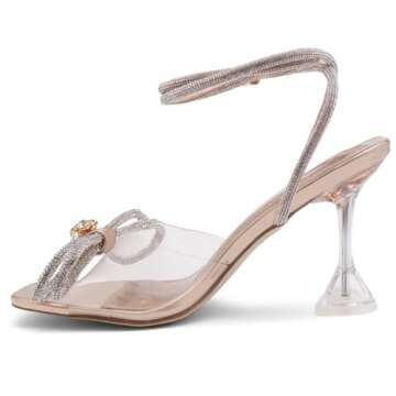 Shoe Land SL-NAOMI Women's Double Bowknots Crystal Sandals, Clear Slingback Heels with Square Open Toe – Dressy Rhinestone High Heels for Party Wedding and Prom, ClearRosegold, Size 10.0