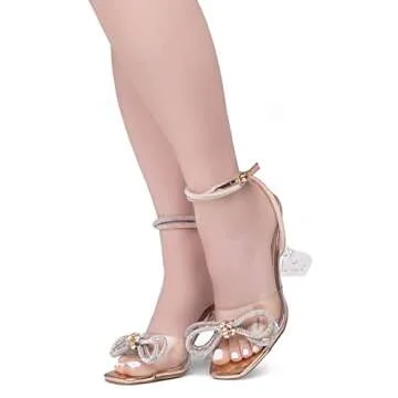 Shoe Land SL-NAOMI Women's Double Bowknots Crystal Sandals, Clear Slingback Heels with Square Open Toe – Dressy Rhinestone High Heels for Party Wedding and Prom, ClearRosegold, Size 10.0