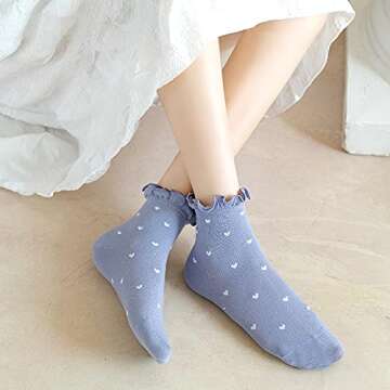 Women's Socks,Ruffle Ankle Socks Comfort Cool Thin Cotton Kawaii Mary Jane Hearts Pattern Cute Frilly Socks For Women