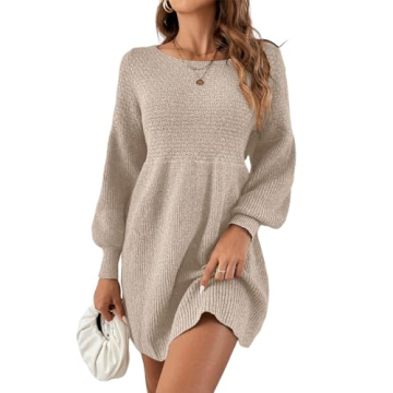 Saodimallsu Womens Crew Neck Mini Sweater Dress Lantern Sleeve High Waisted Rib Knit Dresses Cozy Pu...