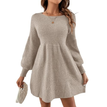 Saodimallsu Womens Crew Neck Mini Sweater Dress Lantern Sleeve High Waisted Rib Knit Dresses Cozy Pullover Long Sweaters Apricot