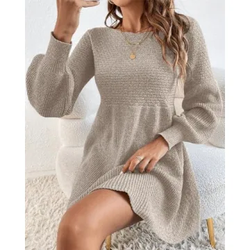 Saodimallsu Womens Crew Neck Mini Sweater Dress Lantern Sleeve High Waisted Rib Knit Dresses Cozy Pullover Long Sweaters Apricot