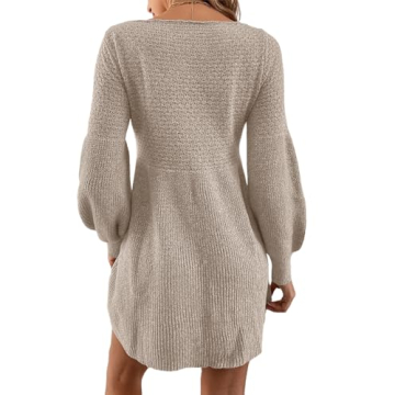 Saodimallsu Womens Crew Neck Mini Sweater Dress Lantern Sleeve High Waisted Rib Knit Dresses Cozy Pullover Long Sweaters Apricot