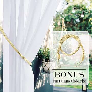 RYB HOME Outdoor Curtain for Patio, Detachable Sticky Tab Top for Easy Hanging & Unsling, Waterproof Outside Porch White Sheer Drape Indoor Outdoor Deck, 1 Curtain Rope, W 54 x L 84 inch Long
