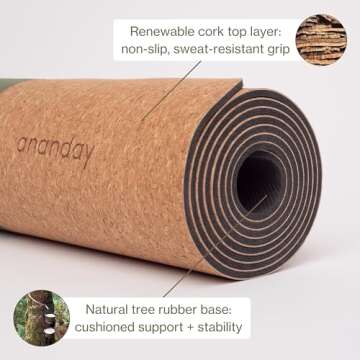 Ananday Premium Cork Yoga Mat - Sustainable, Non-Toxic & PVC-Free, Non-Slip, Perfect for Hot Yoga, Pilates & Exercise - Cushioned for Superior Comfort & Support