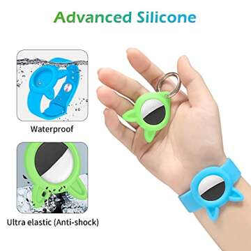 [2 Pack] Air Tag Wristbands + Silicone Cases Holder for Airtags 2021 Tracker, Airtag Watch Band for Kids Elders and Protective Waterproof Cover with Keychain for pet, Blue Green Sleeves Glow in Dark