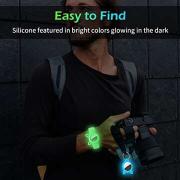 [2 Pack] Air Tag Wristbands + Silicone Cases Holder for Airtags 2021 Tracker, Airtag Watch Band for Kids Elders and Protective Waterproof Cover with Keychain for pet, Blue Green Sleeves Glow in Dark