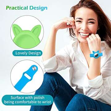 [2 Pack] Air Tag Wristbands + Silicone Cases Holder for Airtags 2021 Tracker, Airtag Watch Band for Kids Elders and Protective Waterproof Cover with Keychain for pet, Blue Green Sleeves Glow in Dark