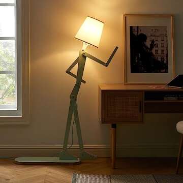 HROOME Unique Mini Wood Floor Lamp for Living Room Bedroom Office Farmhouse - Cute Corner Decorative Reading Standing Light Creative Swing Arm Arc Design Gift for Kids Room (Green Mini)