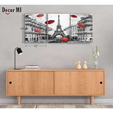 Decor MI Canvas Wall Art Paris Eiffel Tower Canvas Prints Wall Artwork Black and White Red Umbrellas Poster Print Painting Paris Decor for Living Room Girls Bedroom Kitchen Bathroom 12x16inch 3 Panels
