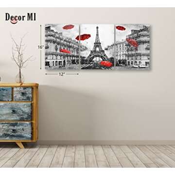 Decor MI Canvas Wall Art Paris Eiffel Tower Canvas Prints Wall Artwork Black and White Red Umbrellas Poster Print Painting Paris Decor for Living Room Girls Bedroom Kitchen Bathroom 12x16inch 3 Panels