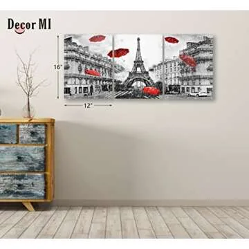 Decor MI Canvas Wall Art Paris Eiffel Tower Canvas Prints Wall Artwork Black and White Red Umbrellas Poster Print Painting Paris Decor for Living Room Girls Bedroom Kitchen Bathroom 12x16inch 3 Panels