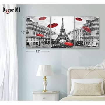Decor MI Canvas Wall Art Paris Eiffel Tower Canvas Prints Wall Artwork Black and White Red Umbrellas Poster Print Painting Paris Decor for Living Room Girls Bedroom Kitchen Bathroom 12x16inch 3 Panels
