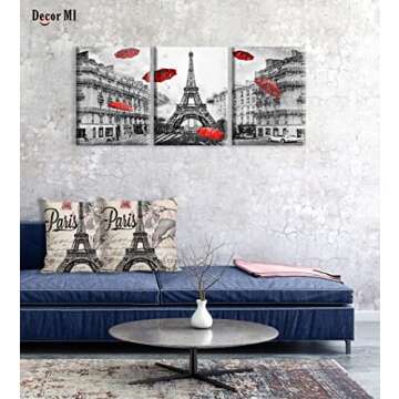 Decor MI Canvas Wall Art Paris Eiffel Tower Canvas Prints Wall Artwork Black and White Red Umbrellas Poster Print Painting Paris Decor for Living Room Girls Bedroom Kitchen Bathroom 12x16inch 3 Panels
