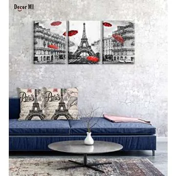 Decor MI Canvas Wall Art Paris Eiffel Tower Canvas Prints Wall Artwork Black and White Red Umbrellas Poster Print Painting Paris Decor for Living Room Girls Bedroom Kitchen Bathroom 12x16inch 3 Panels