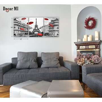 Decor MI Canvas Wall Art Paris Eiffel Tower Canvas Prints Wall Artwork Black and White Red Umbrellas Poster Print Painting Paris Decor for Living Room Girls Bedroom Kitchen Bathroom 12x16inch 3 Panels