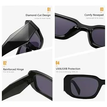 Palarado Trendy Fashion Sunglasses Women Men Rectangle 90s Vintage Retro 2000s 70s Square Shades Cool Cute Rectangular Chunky Baddie Blenders Shady Rays (Black Frame/Grey Lens)